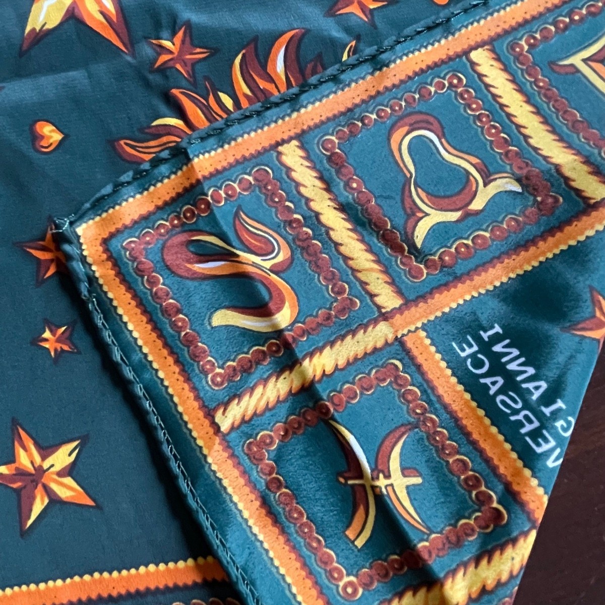 Gianni Versace Vintage Silk Scarf Celestial Zodiac Sun Moon Teal