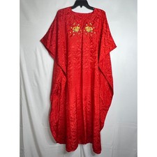 Handmade Red Satin Caftan Dress OS Floral Embroidered Maxi Lounge Boho Chic Lux