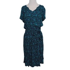Talbots Floral Midi Dress Womens Size Large Blue Smocked V Neck Waist Tie