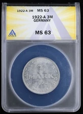 1922-A Germany Weimar Constitution 3 Mark Coin ANACS MS 64