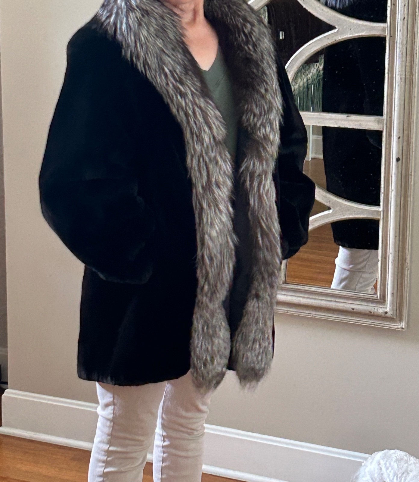 Black Dyed Sheared Beaver Coat with Natural Silver Fox Trim.  Rarely worn.
