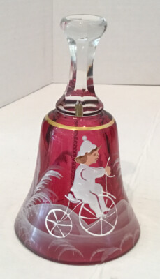 Vintage Fenton Mary Gergory Cranberry and White Bell with Boy Riding Bicycle.