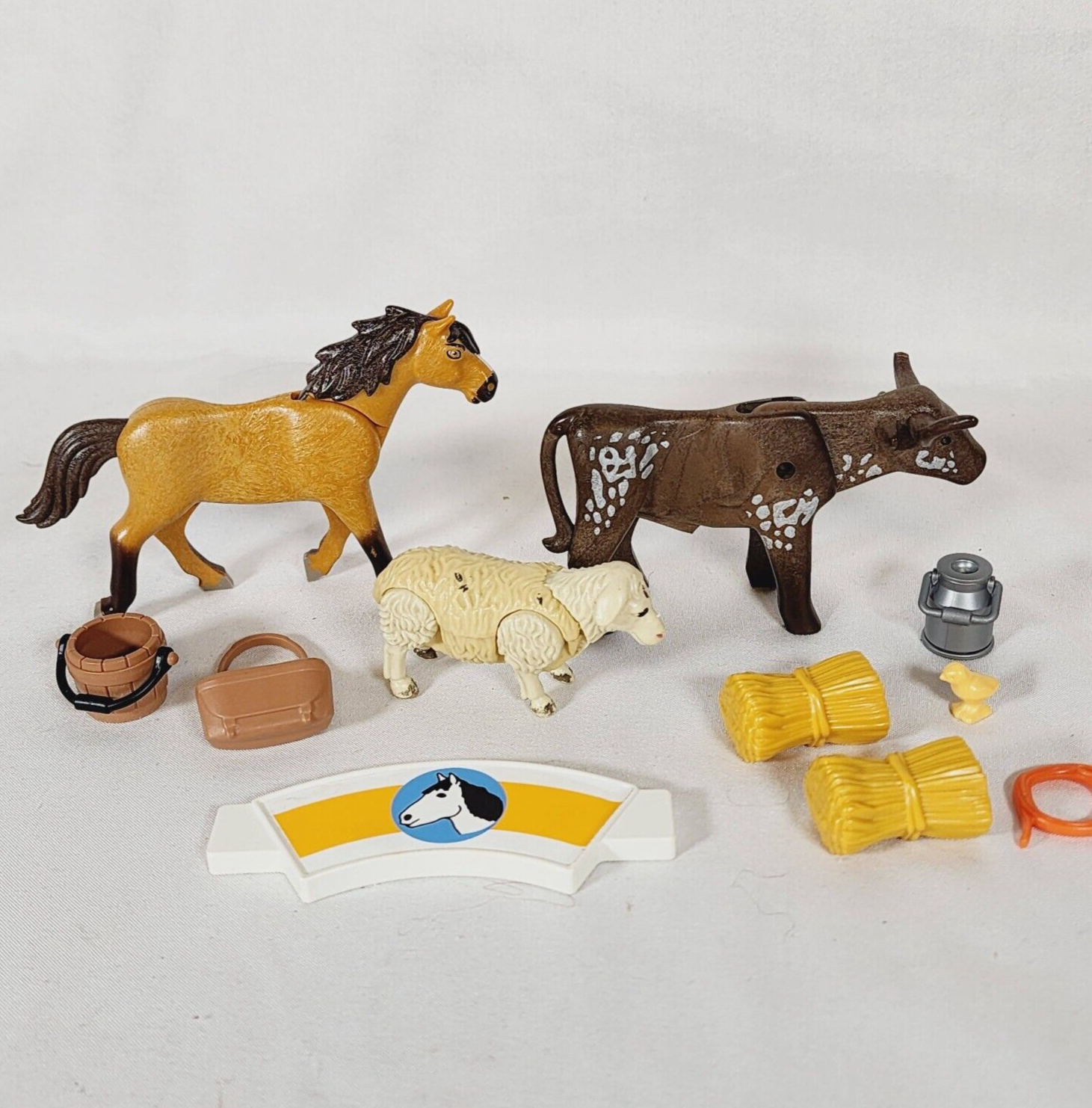Playmobil 1988 Vintage Farm Animal Set: Cow, Horse, Sheep, Hay Accessories Lot