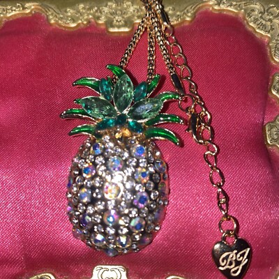 Betsey Johnson Necklace Gold Pineapple Aloha Good Luck Gift Box Organza Bag HI