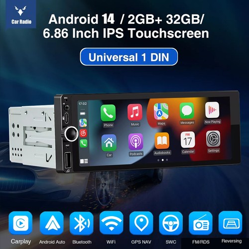 6.8'' Single 1 Din Apple/Android Carplay Touch Screen Car Stereo Radio GPS 2+32G - Picture 2 of 14