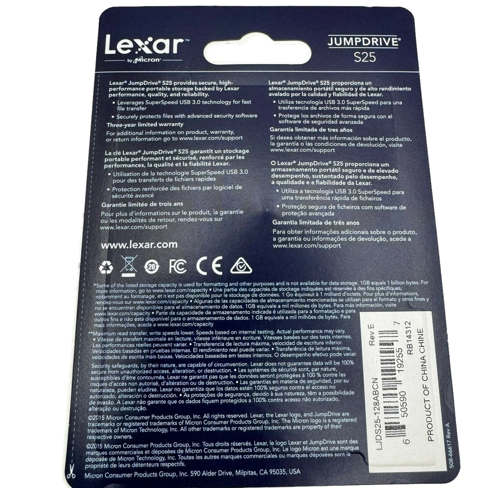Lexar 128 GB Jumpdrive S25 USB 3.0 Brand New Unopened in Package White Black - Image 2 of 4