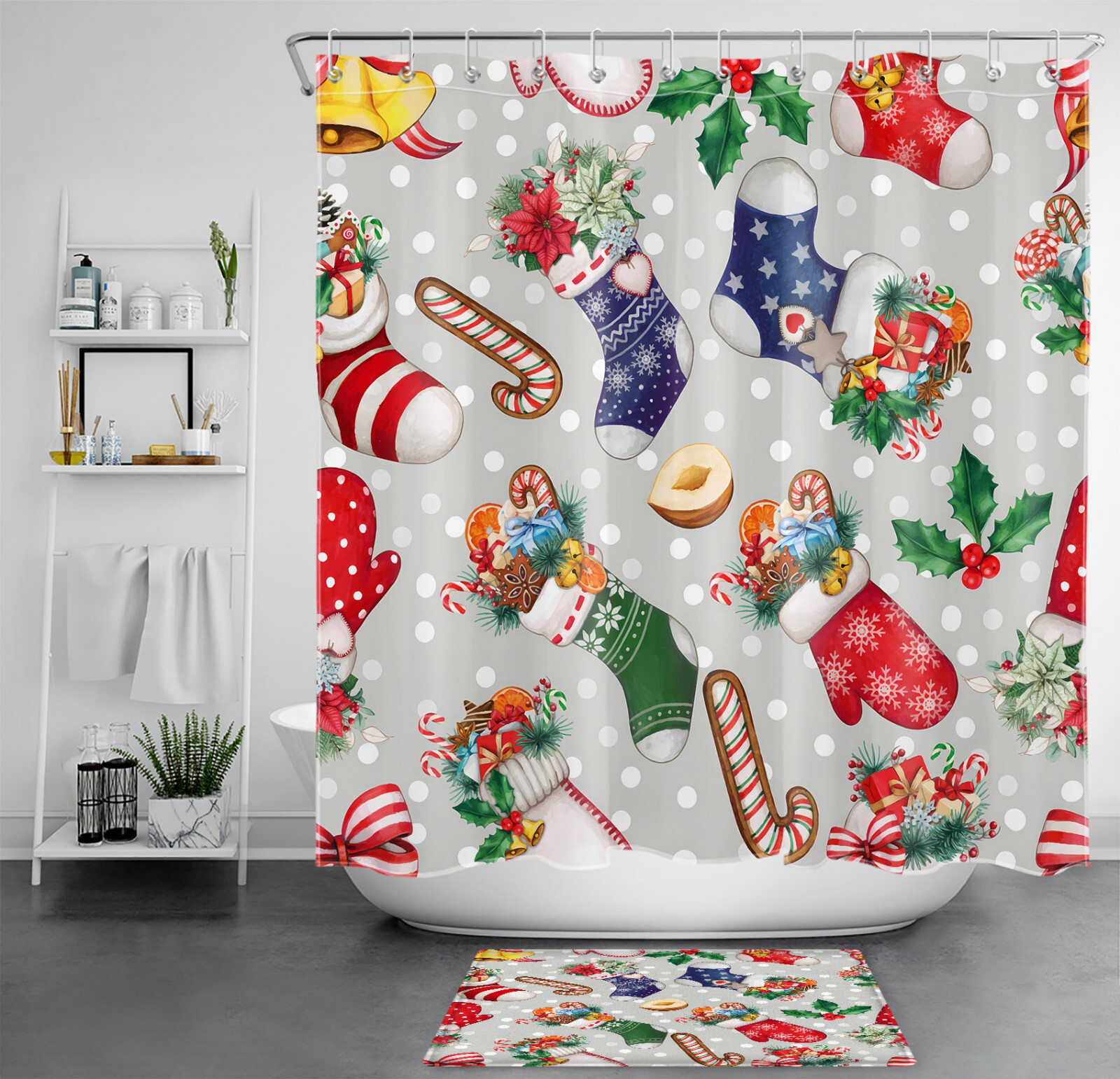 SAOLA Set Calzino Natalizio Invernale Floreale Rosso su Tenda Doccia Grigio per Decorazione Bagno