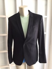 ZARA MAN NAVY TEXTURED BLAZER SUIT Lapel Collar Size 42 Long Sleeve O121