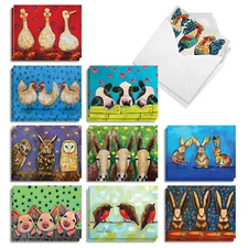 20 Assorted Blank Notecards Set 4x5.12" w/Envelopes (10 Designs) Ducks In A Row