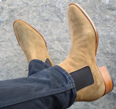 Handmade men beige suede chelsea boots for mens, men leather office dress  boots