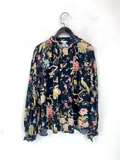 GP&JBaker x H&M Blouse Long Sleeve Button-up Black Bird Pattern Size 10