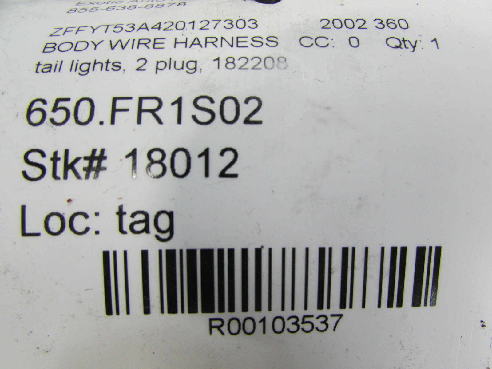 Ferrari 360, Tail Light/Lamp Wire Harness, 2 Plug, Used, P/N 182208