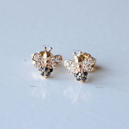New Solid 14k Yellow Gold Natural Black Diamond & SI Clarity Diamond Bee Studs - Picture 5 of 6