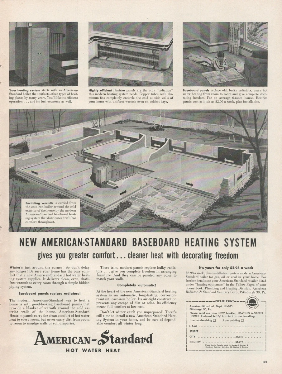 1955 American Standard Hot Water Heat Baseboard System Vintage Print Ad L20  | eBay