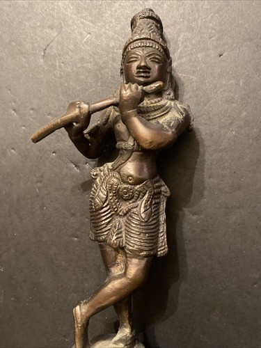 Hindu Lord Krishna Playing Flute Statue Brass Hare Krsna Religious - Picture 4 of 11