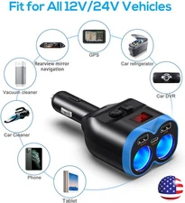 2 Way Car Cigarette Lighter Socket Splitter Dual USB QC3.0 Charger Power Adapter