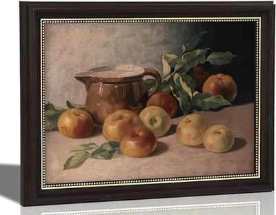 Dark Brown Framed Vintage Still Life Canvas Wall Art, Retro Fruit Apples Oil Pai