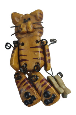 Resin Cat with fish Brooch Articulated Moveable Brown Striped Pin