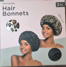 Satin Hair Bonnets for Women, 2 Pack, Black Leopard Print, Reversible