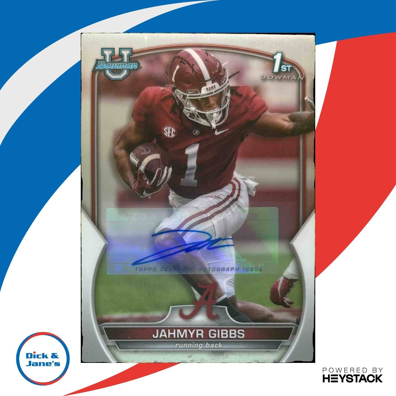 2022 Bowman University Chrome Jahmyr Gibbs Prospect Auto #82 RC Crimson Tide