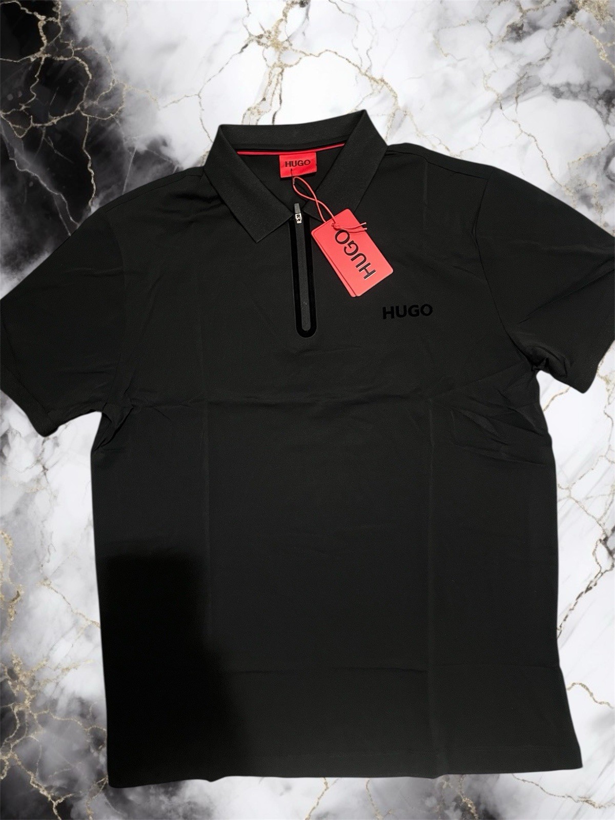 HUGO Black Zip Polo Shirt L 95% Cotton 5% Spandex Short Sleeve Knit Collared thumbnail 2