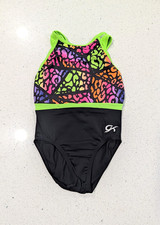 GREAT GK ELITE Gymnastics Dance Leotard Large NEON RAINBOW Leopard STRAPPY BACK