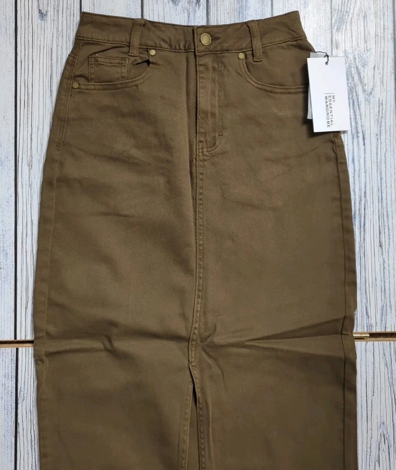 My Essential Wardrobe Lara Stretch Front Slit Maxi Skirt Military Olive Wash 8 - Image 2 of 4