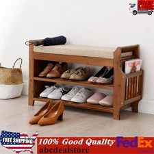 Bamboo Shoe Rack 2 Tier Bench w/ Removable Cushion Entryway Organizer Shelf Home