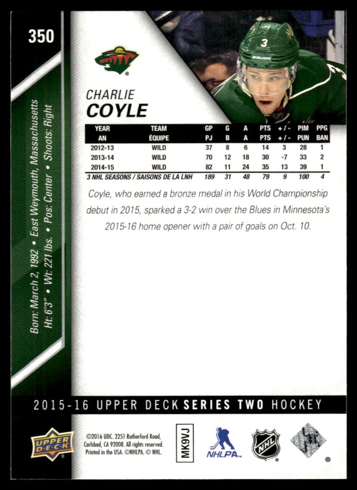 2015-16 Upper Deck #350 Charlie Coyle Minnesota Wild Hockey Card - Image 2 of 2