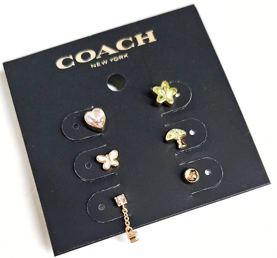 Juego de 6 pendientes Coach mariposa y estrella que no coinciden dorados multicolor latón nuevos con etiquetas Foto 3 de 4