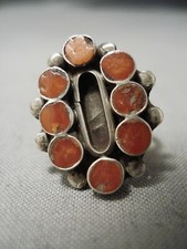 RARE VINTAGE NAVAJO ZUNI CORAL SNAKE EYES STERLING SILVER OLD RING