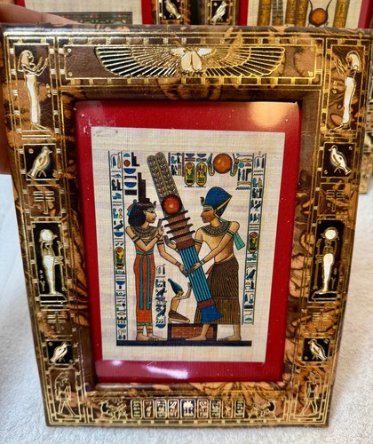Set of 3 Egyptian Papyrus Art Prints in Ornate Frames Ancient Egypt Theme Gold - Picture 2 of 7