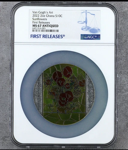 NGC MS 67 ANTIQUED 2022 Van Gogh's Art 2oz Ghana S 10C Sunflowers First Releases