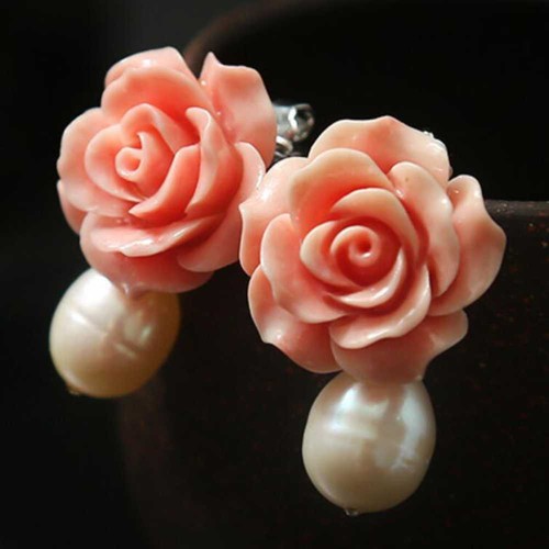 2022 New Freshwater pearl pink coral flower earrings Mother's Day Ear stud - Picture 3 of 5