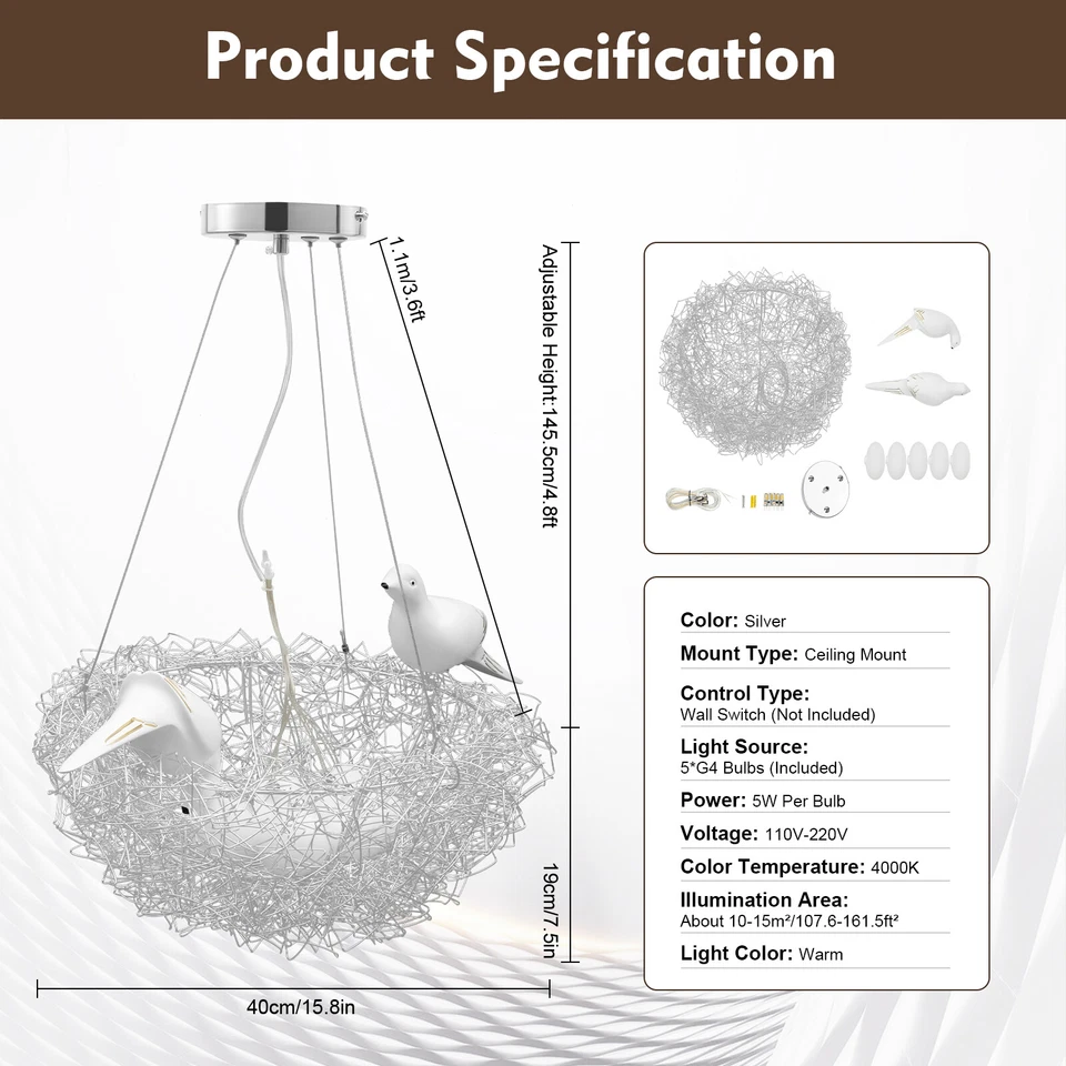 Modern Bird Nest Glass Chandelier Pendant Light Ceiling Lamp AC110V-220V - Image 2 of 4