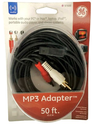 50ft Gold Audio Cable 3.5mm Stereo Male to 2 RCA Male + 3.5mm Female Input, GE