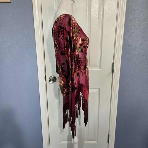 Rare Vintage 1990s XXI Gorgeous Burgundy Beaded Floral Velvet Tunic with Fringes - Picture 3 of 8