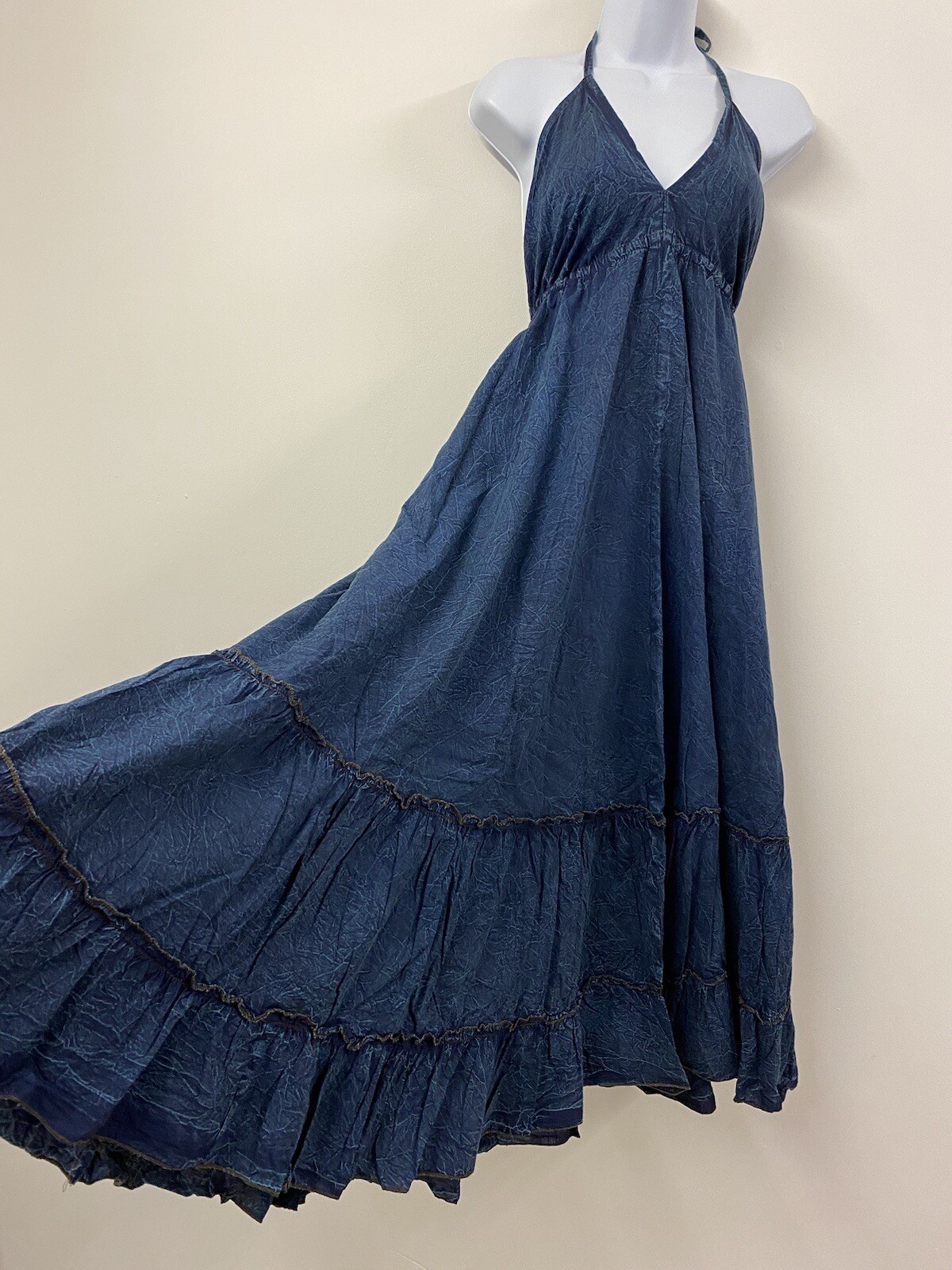 Vestido de Algodón Largo Azul Vintage Boho Maxi Verano Gitano Boho Indio Vacaciones de Verano