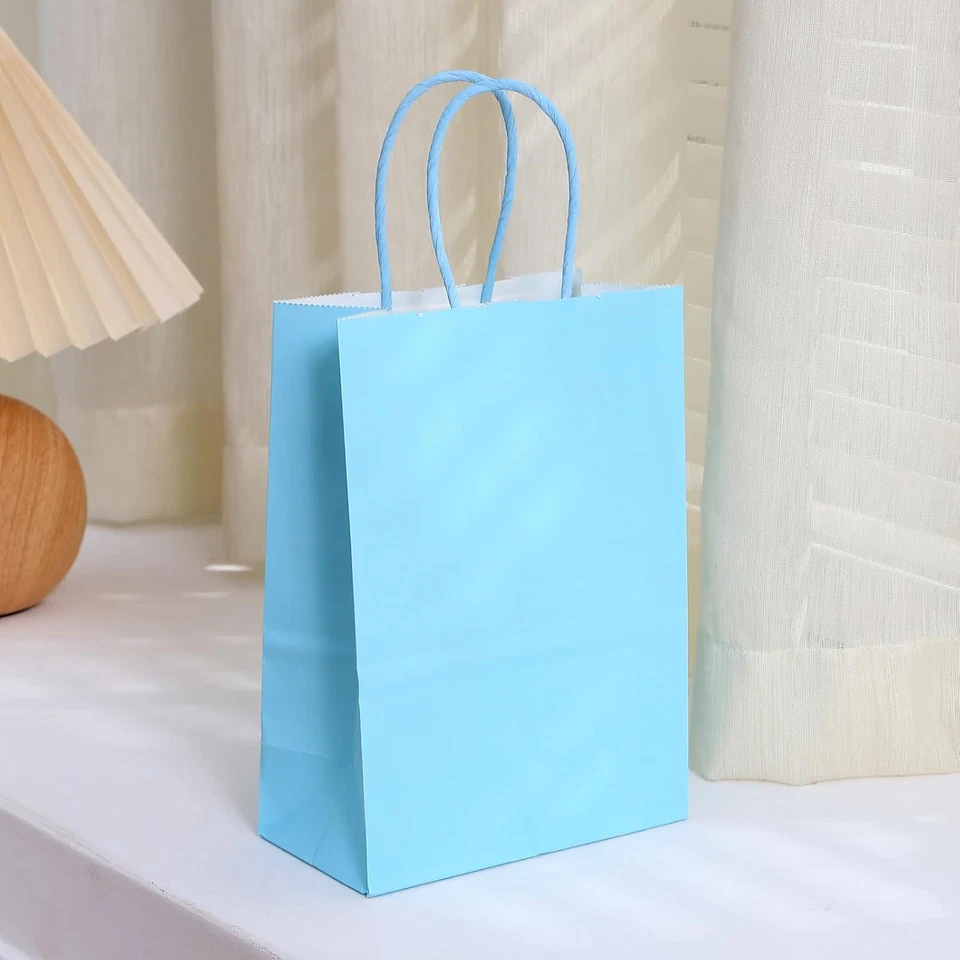 Sacolas de presente pequenas de papel natural liso Kraft com alças sacos de papel azul claro para - Imagem 4 de 4