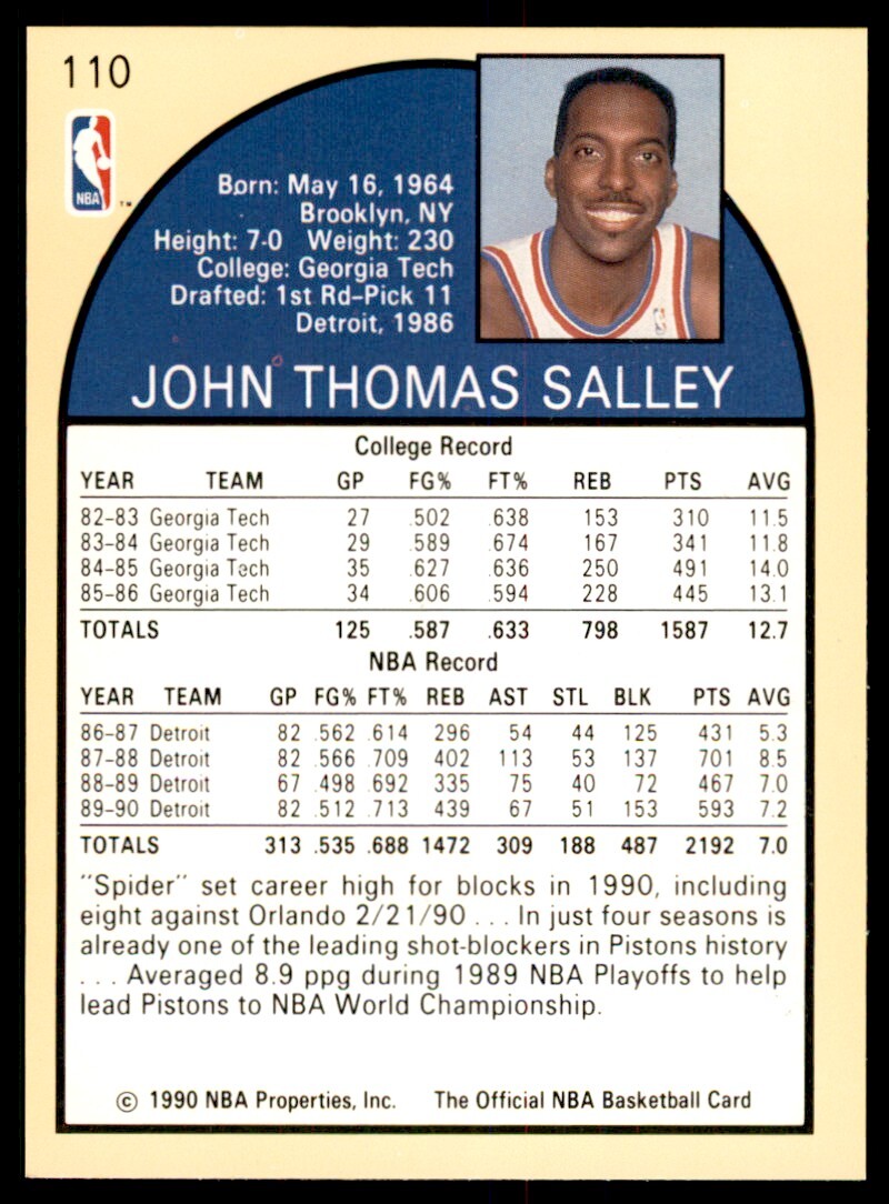 1990-91 NBA Hoops John Salley . Detroit Pistons #110 | eBay