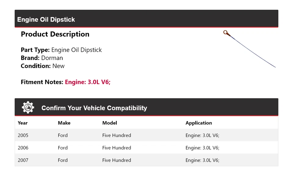 Масляный щуп двигателя Dorman для Ford Five Hundred 3,0 л 2005-2007 годов выпуска 2006 - Изображение 2 из 4