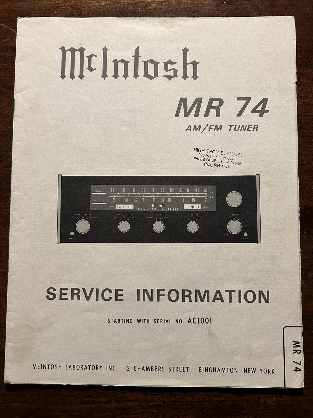 McIntosh MR74 AM/FM Tuner Service Information OEM Original Genuine Rare