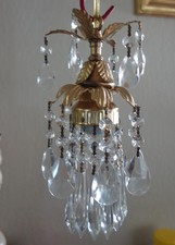 small lily lamp Chandelier Crystal prism Brass Tole Pendant fixture 25" cord