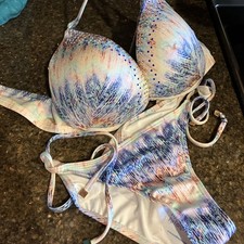 Victoria Secret bikini: 36C Hottie Halter/rhinestones-bottom M  NWOT blue/multi