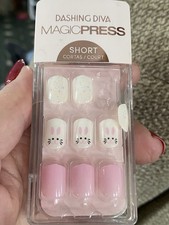 DASHING DIVA MAGIC PRESS EASTER BUNNY NAILS SHORT SQUOVAL WHITE AND PINK NEW