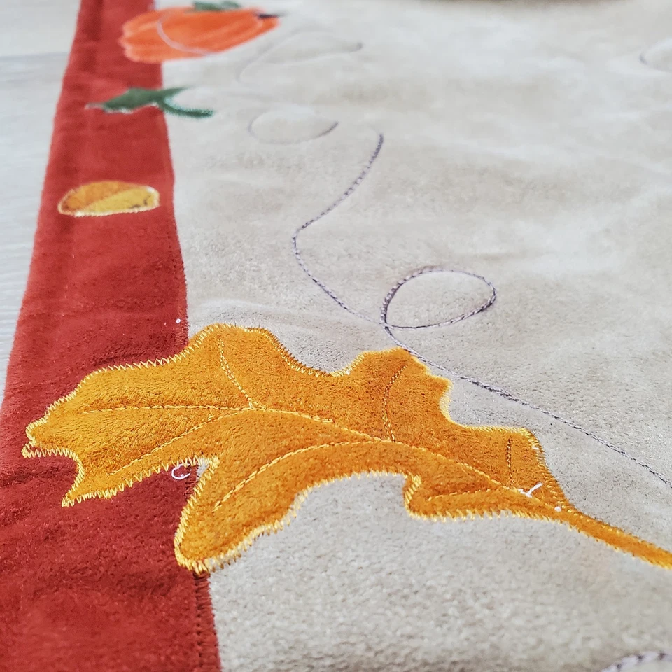 Fall Themed Table Runner Featuring Pumpkins & Leaves 52 x 13 Red Tan Cottagecore - Image 3 of 4