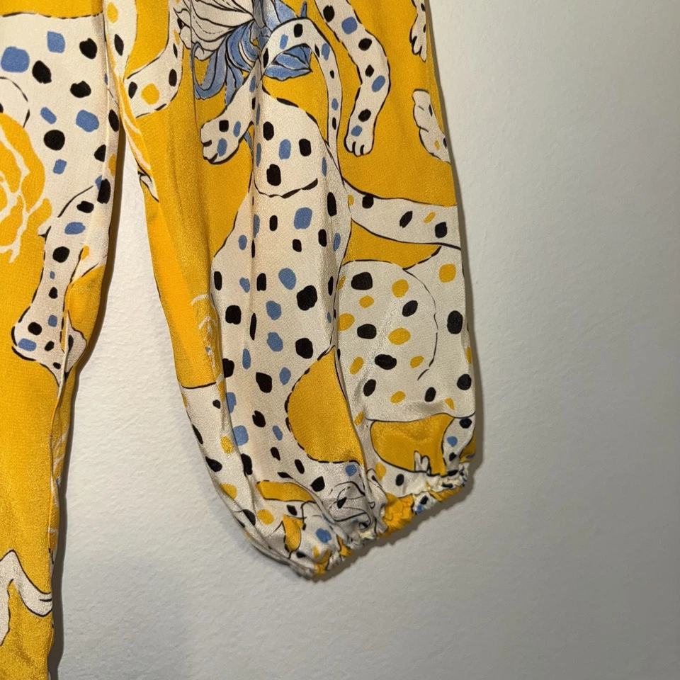 Blusa Camisa Top Mujer S Tucker NY Abotonada Amarilla Estampado Floral 100% Seda Foto 3 de 4