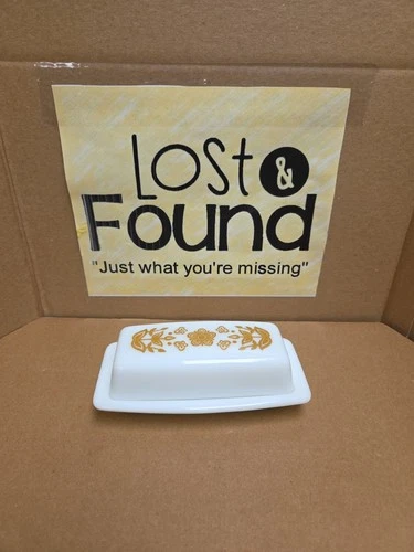 PYREX VINTAGE Butterfly Gold Milk Glass Butter Dish With Lid *SEE PICS