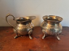 Milk Jug And Sugar Bowl Silver Plated Victorian Set Ornamental Footed Etched