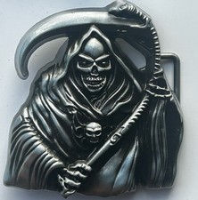 Grim Reaper Skull Gothic Metal Belt Buckle Silver, 4  Fits 1.5 in